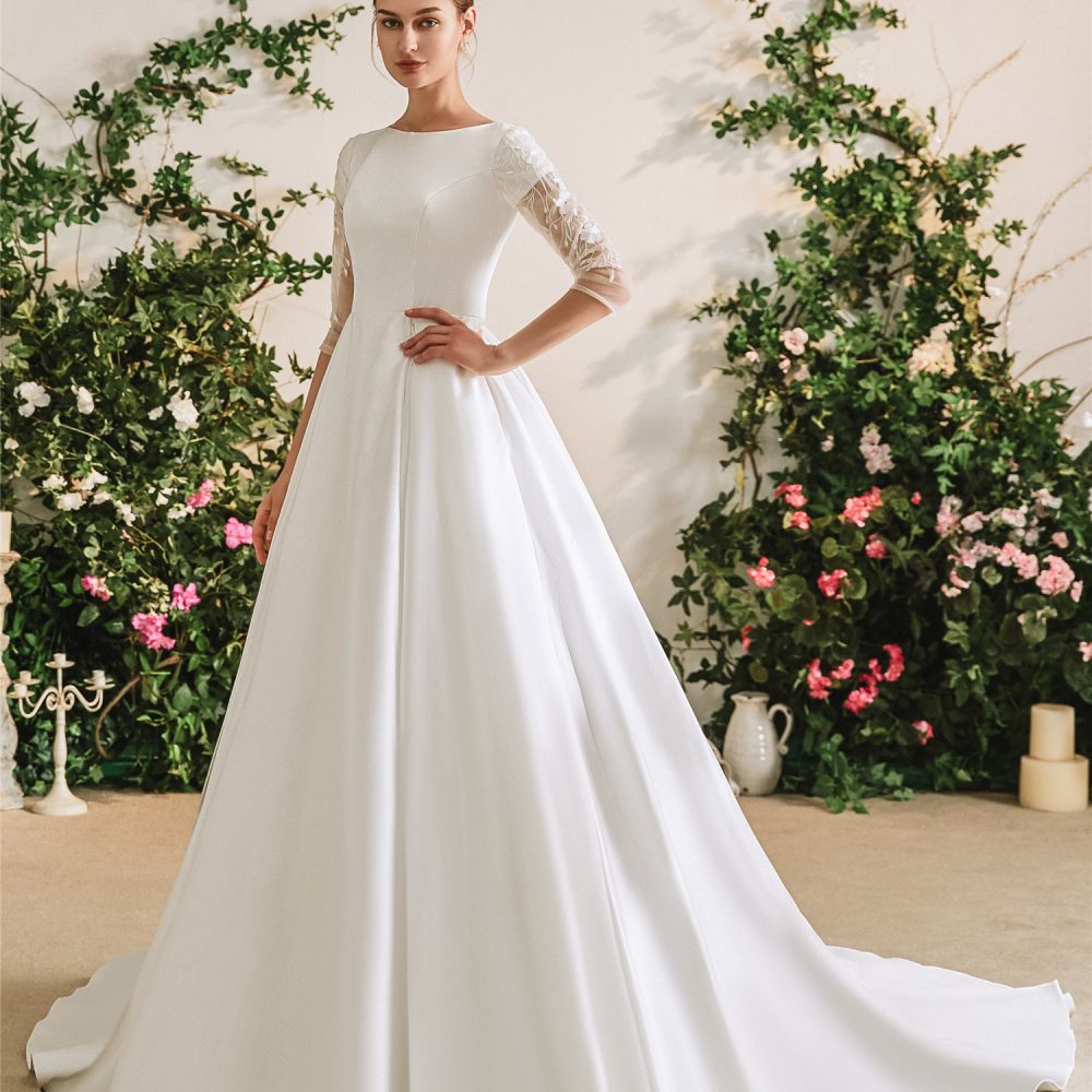 Modest Satin Wedding Dress With Sheer Sleeves Adela Designs 