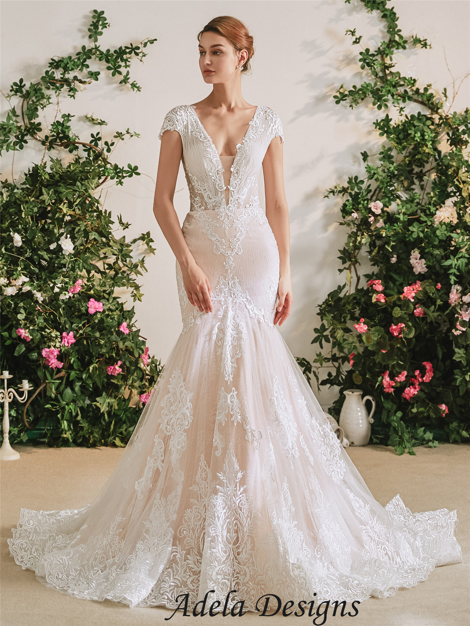 Blushing Pink Ivory Mermaid Lace Wedding Dress – Adela Designs