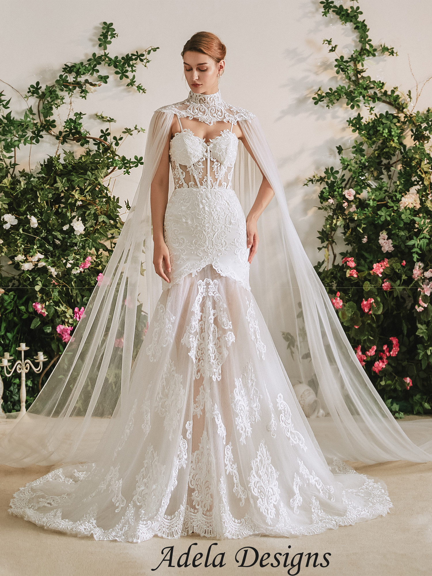 Mermaid Lace Wedding Dress With Cape – Adela Designs