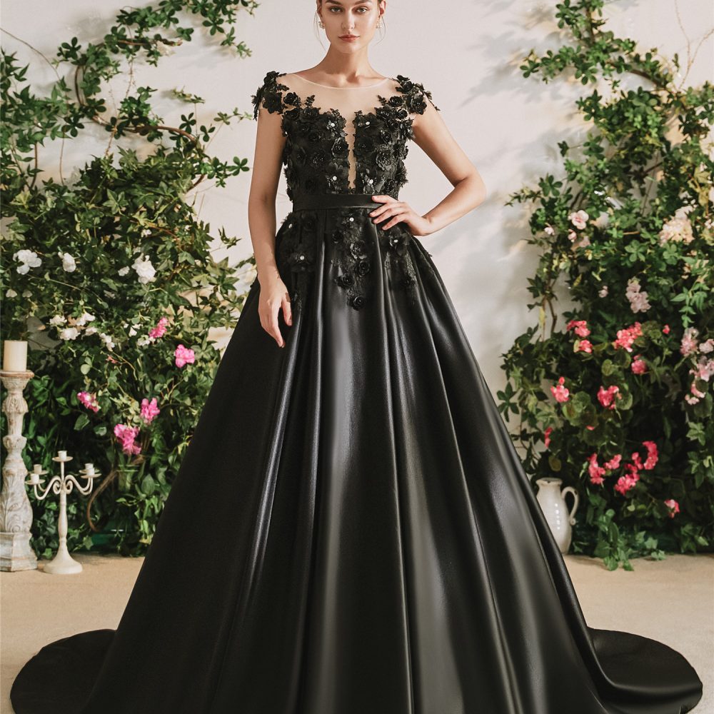 Black Satin Gothic Wedding Dress With 3D Flowers – Adela Designs