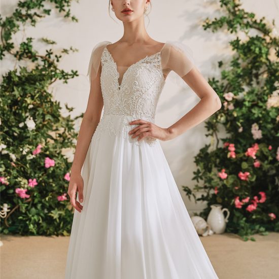 A-line Beaded Lace Chiffon Beach Bridal Gown – Adela Designs