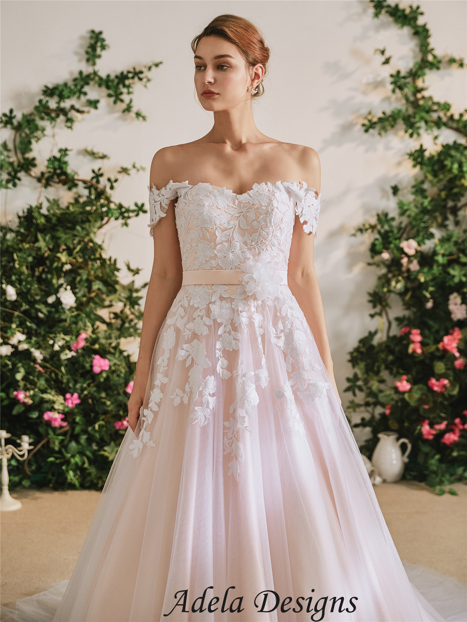 Pink Lace Tulle A-line Wedding Dress Off The Shoulder – Adela Designs