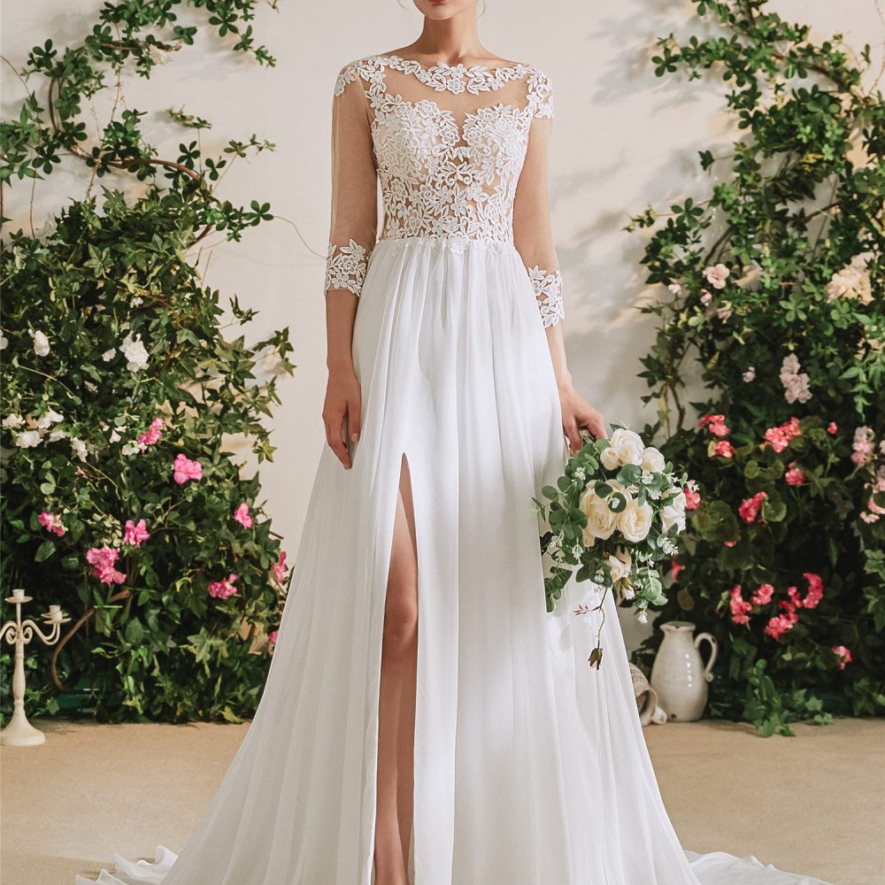 3/4 Sleeves Lace Chiffon Boho Wedding Dress – Adela Designs