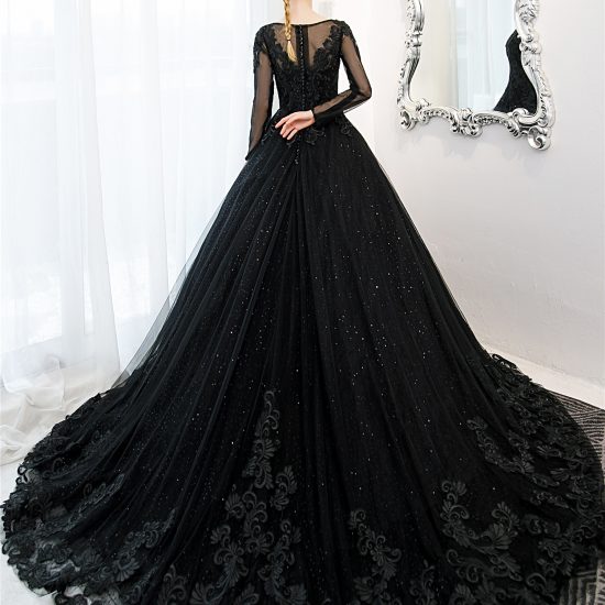 Black Gothic Wedding Dress Long Sleeves – Adela Designs