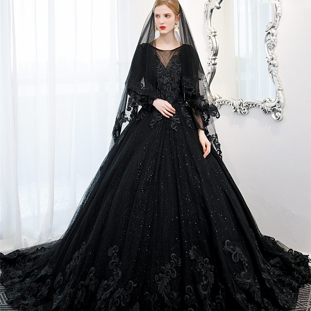 Black Gothic Wedding Dress Long Sleeves – Adela Designs