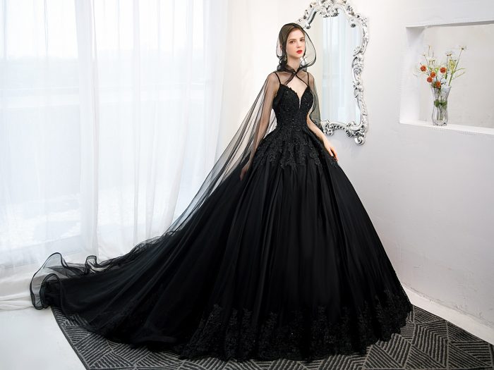 Black Ball Gown Gothic Wedding Dress V Neck – Adela Designs