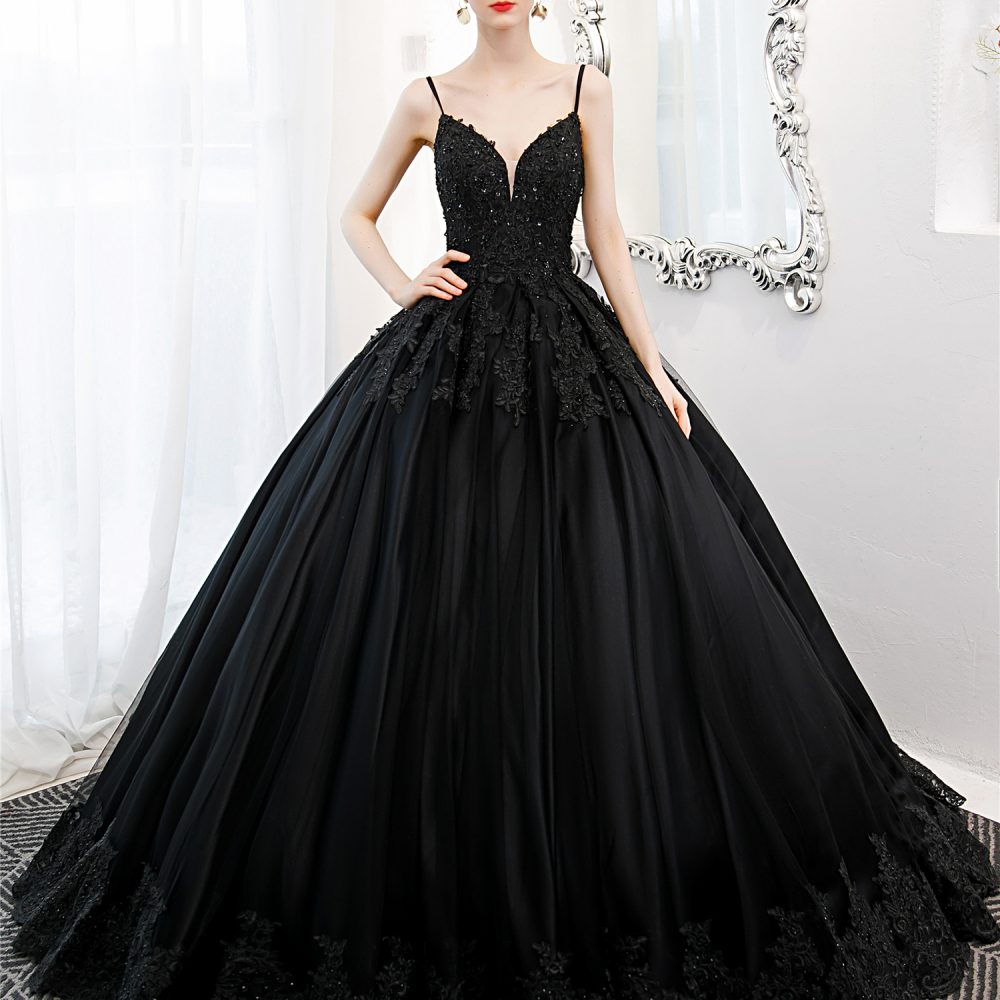 Black Ball Gown Gothic Wedding Dress V Neck – Adela Designs