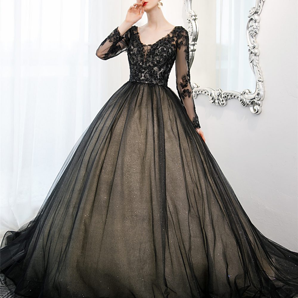 Black & Champagne Ball Gown Gothic Wedding Dress – Adela Designs