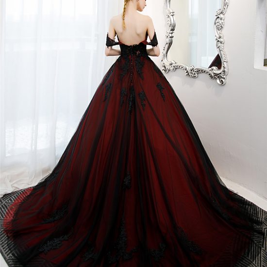 Black and Dark Red Ball Gown Gothic Wedding Dress – Adela Designs