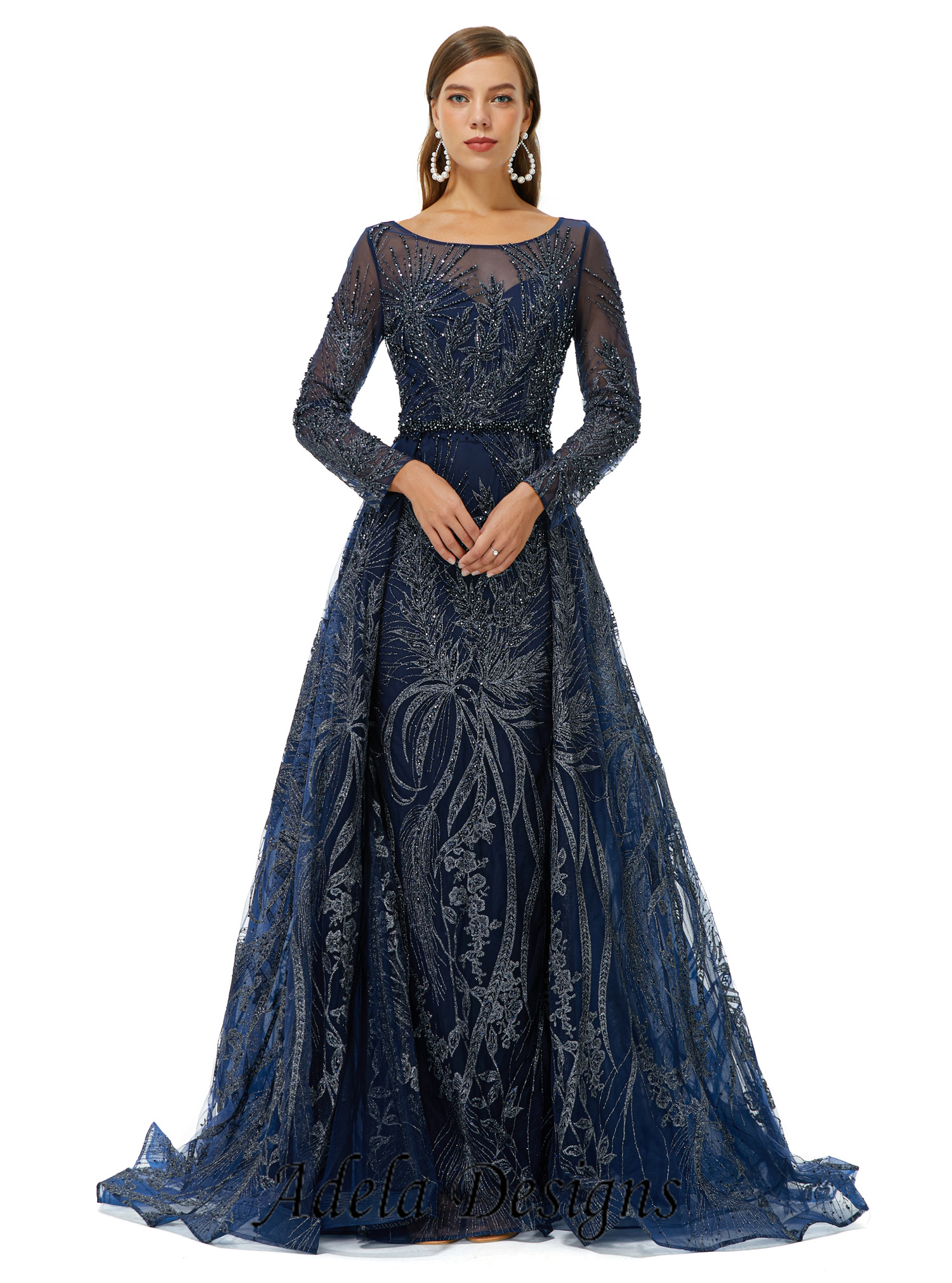 Navy Blue Lace Long Prom Dress Long Sleeves – Adela Designs
