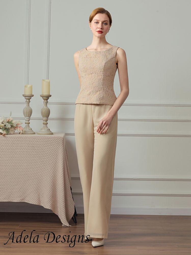 3 Pieces Chiffon Lace Mother of The Bride Pant Suits – Adela Designs