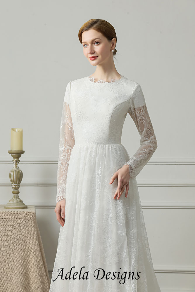 Simple A-Line Lace Modest Wedding Dress – Adela Designs